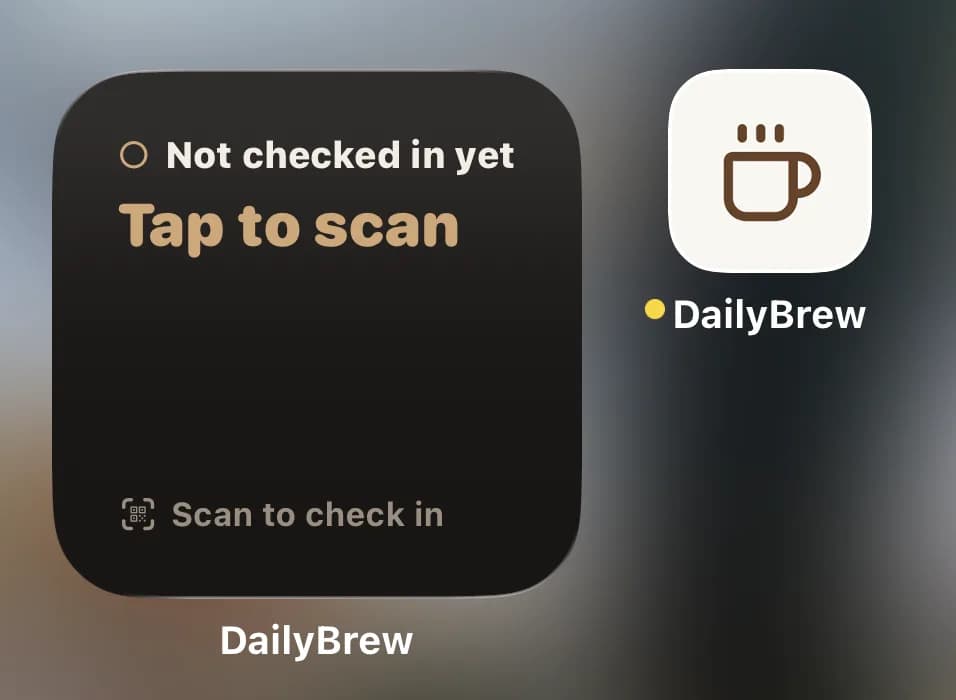 The DailyBrew widget on an iPhone Home Screen, reading “Not checked in yet — Tap to scan”, beside the app icon.
